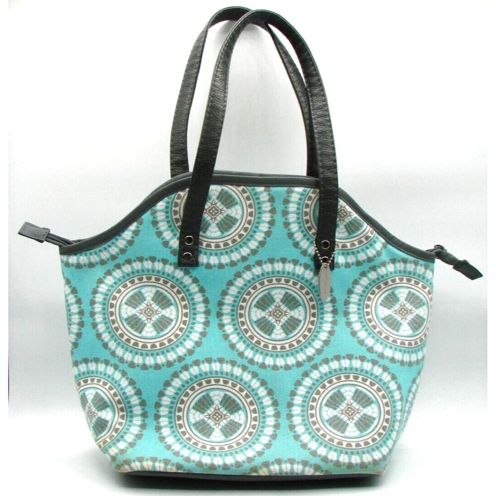 Fit & Fresh Lunch Bag Geo Print Insulated Cold Pack Pocket Zip Closure Aqua14x12